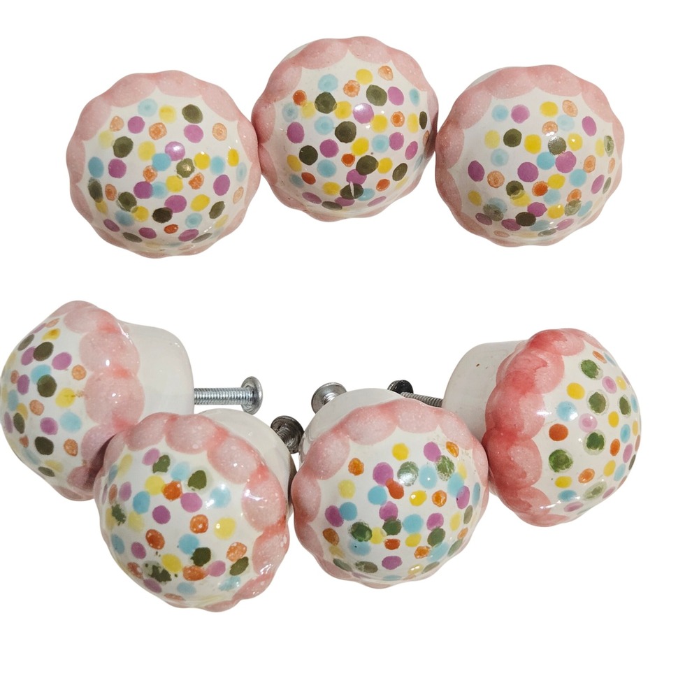 MacKenzie-Childs confetti Knobs Set of 7 Pink Edge Hand Painted Terraotta